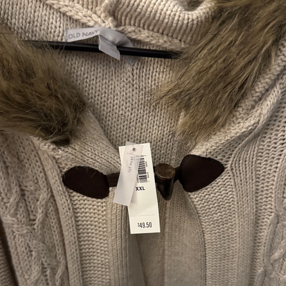 Old Navy Tan Cable Knit Cardigan with Faux Fur Hood - Picture 3 of 3